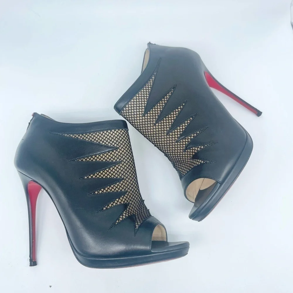 Christian Louboutin Black leather & Mesh peep toe Disorder booties 120mm EU 38